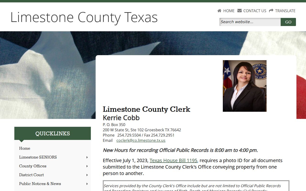 Limestone County warrant records, County Clerk contact panel