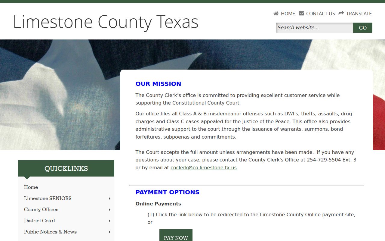 Limestone County Clerk payment instructions and lookup scope