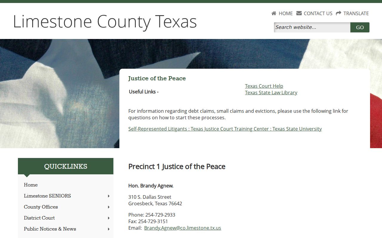 Limestone County bench warrant records, four Justice of the Peace precinct directory