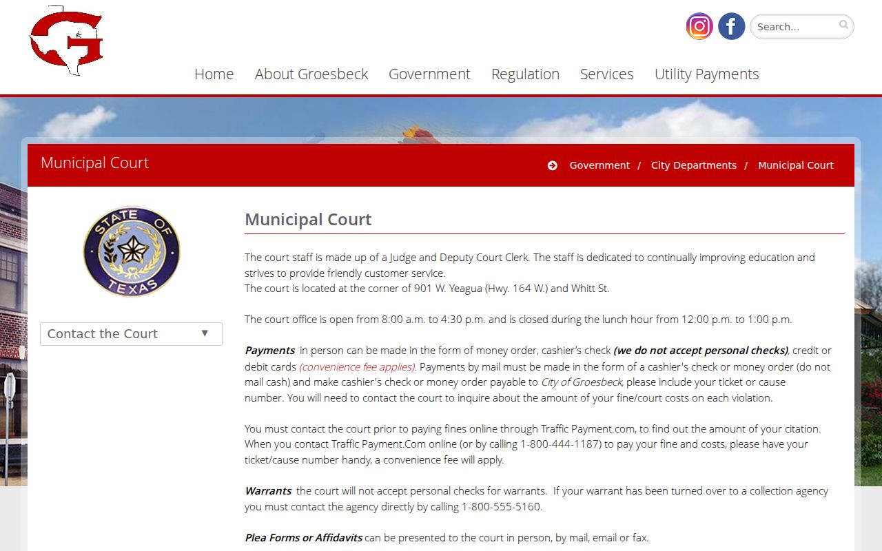 Limestone County municipal court warrant records, Groesbeck court contact page