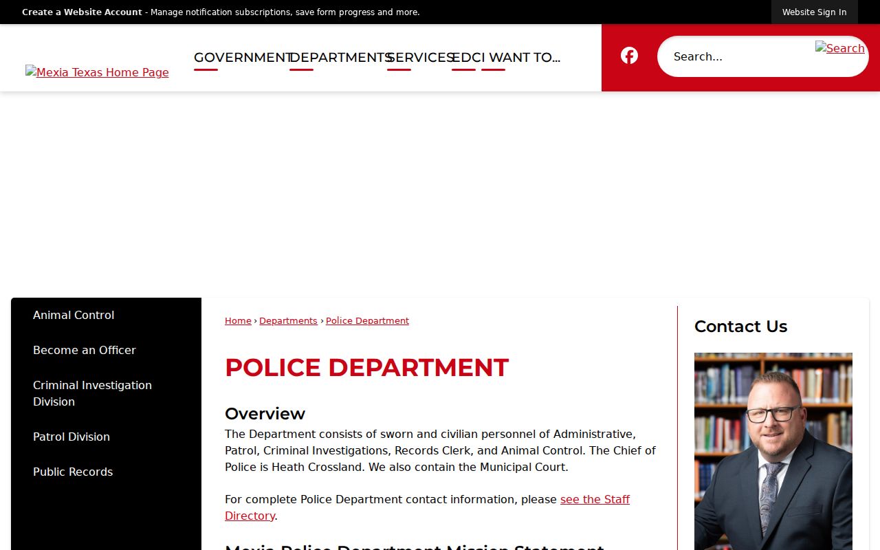 Mexia Police Department contact page for city warrant questions