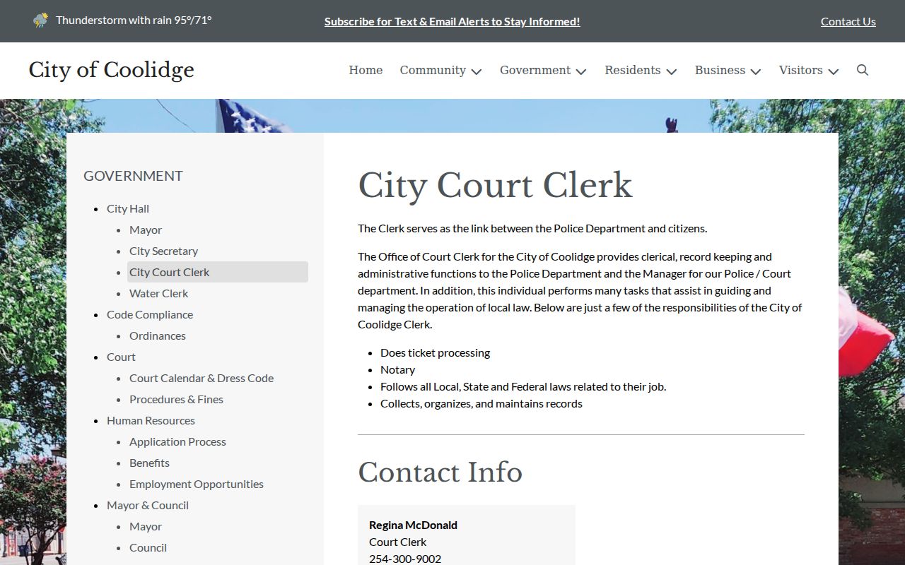 Coolidge city court clerk duties and ticket-processing information