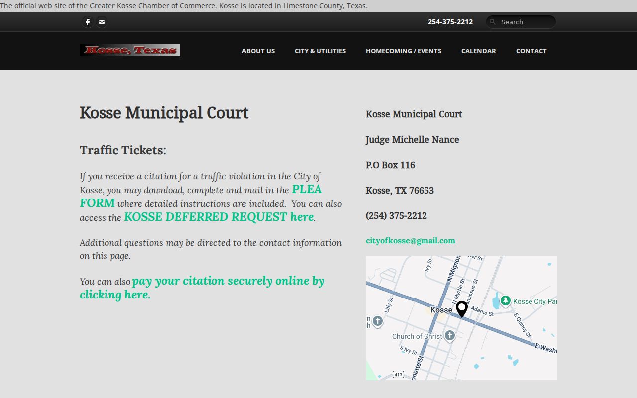 Kosse Municipal Court ticket instructions and contact information