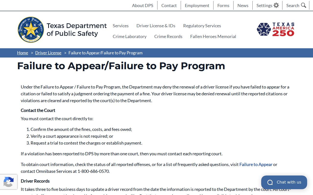 Texas DPS Failure to Appear and Failure to Pay program information