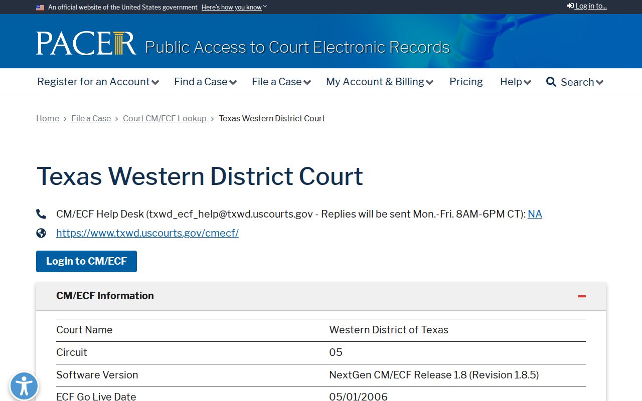 PACER Western District of Texas Waco court selection and access information